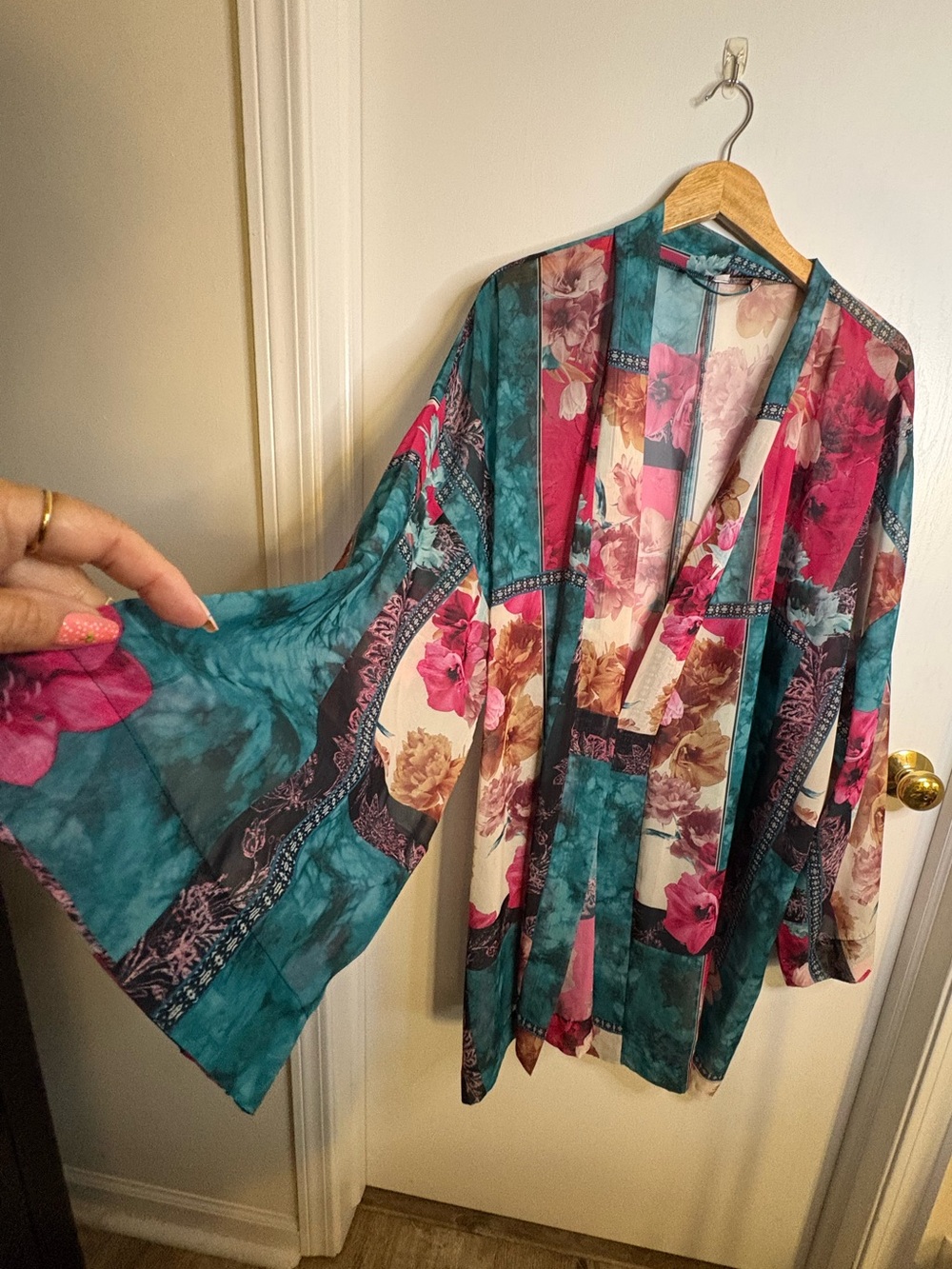 Floral 3X Teal & Pink Wrap Chiffon Kimono Robe